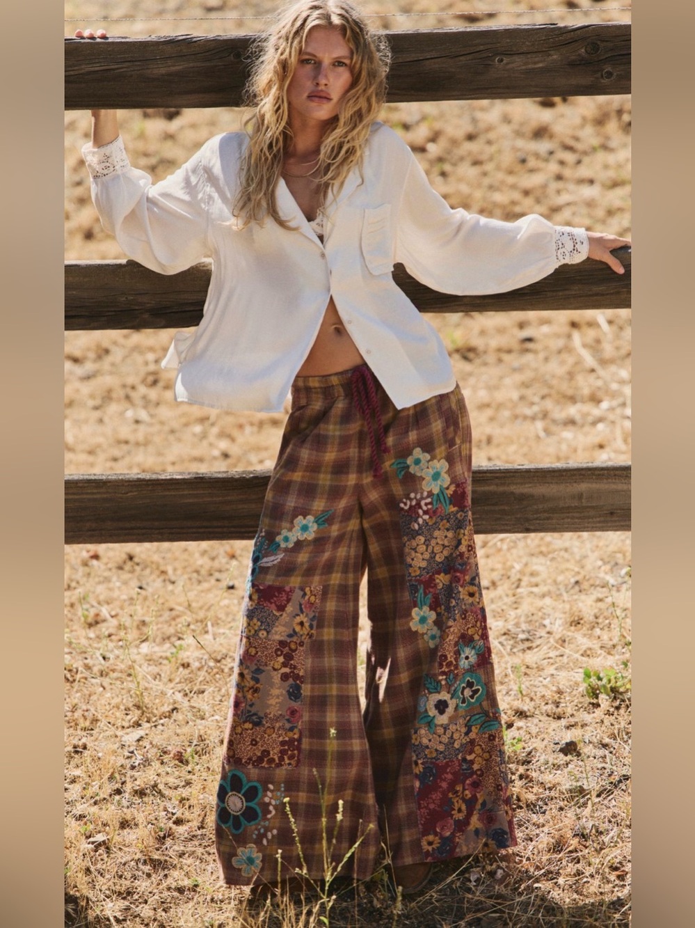 Free People Brooks Embroidered Wide Leg Patchwork Plaid Pants M NWT Rare $298